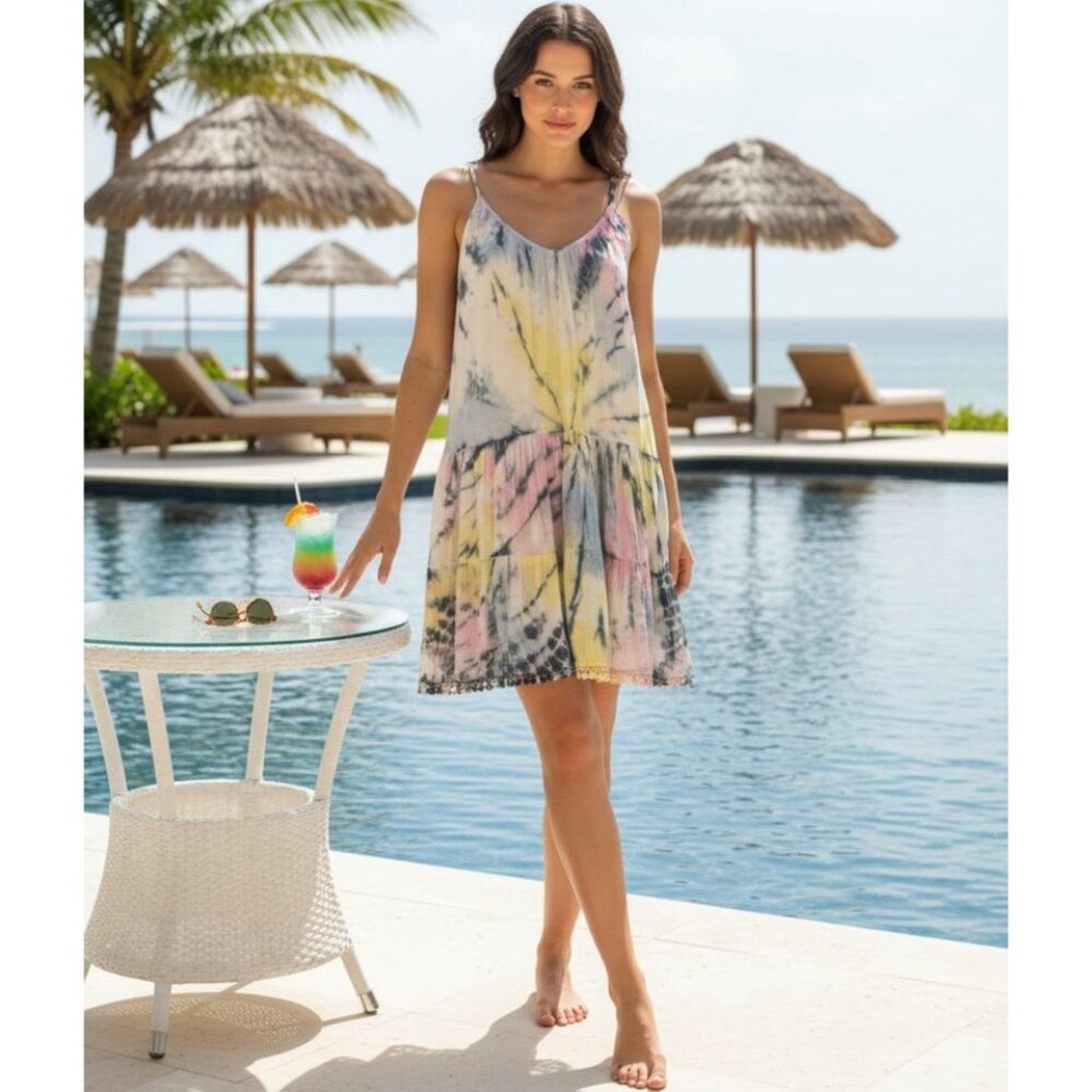 Raviya XL Tie-Dye Swim Cover-up Mini Dress Tiered Babydoll Retro Swimwear Cover - Picture 9 of 9